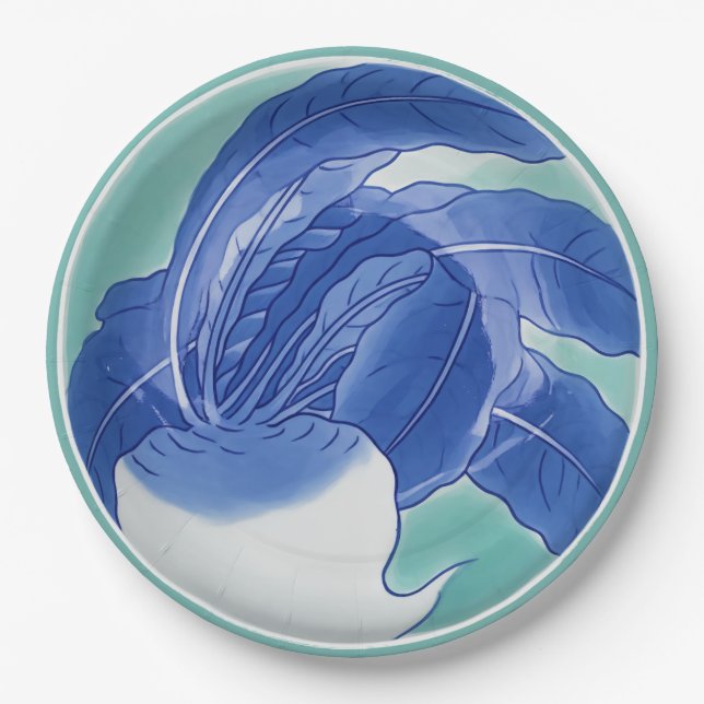 Blue White Celadon Chinoiserie Turnip Faux China Paper Plates (Front)