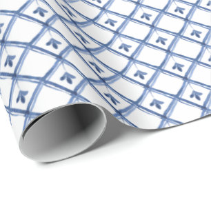 Blue White Ceramic Look Diamond Pattern Gift Wrapping Paper