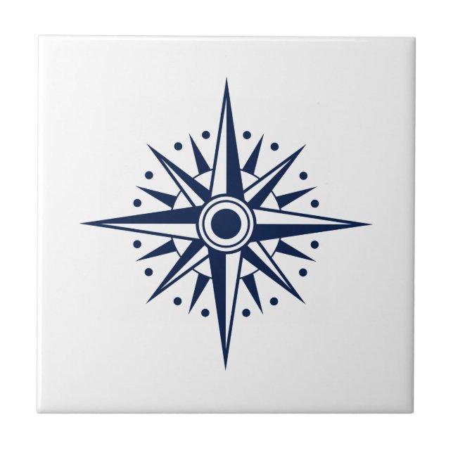 Blue & White Ceramic Tile, Nautical Star, Compass Ceramic Tile (Front)