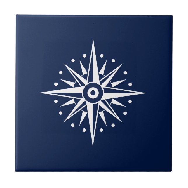 Blue & White Ceramic Tile, Nautical Star, Compass Tile (Front)