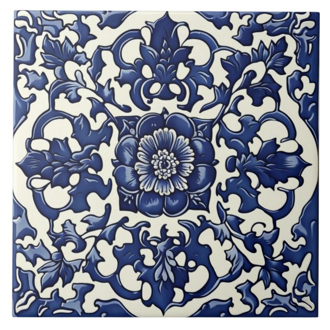 Blue & White Ceramic Tile, Rose, Chinese Style Tile (Front)