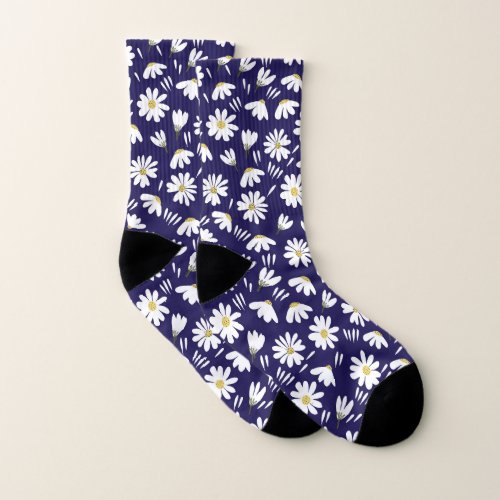 Blue white chamomile floral pattern socks