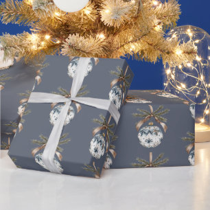 Blue White Champagne Gold Ornaments Christmas Wrapping Paper