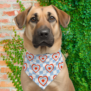 Blue White Check Red Heart Pattern Dog Pet Bandana Collar