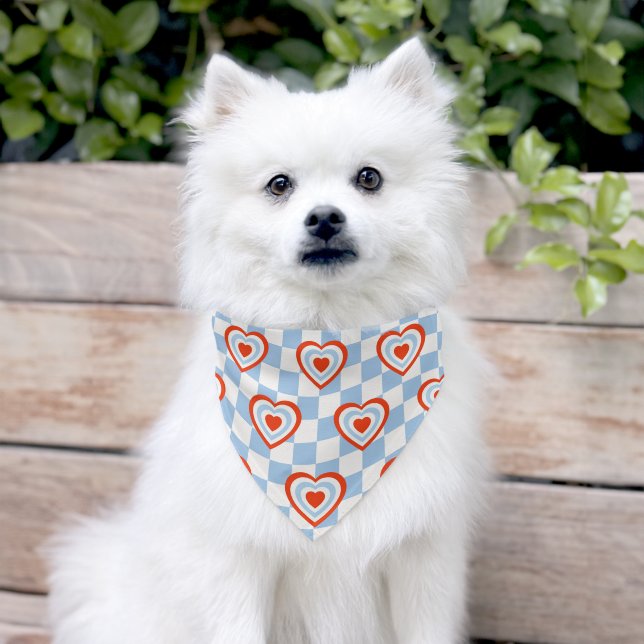 Blue White Check Red Heart Pattern Dog Pet Bandana Collar (Dog)