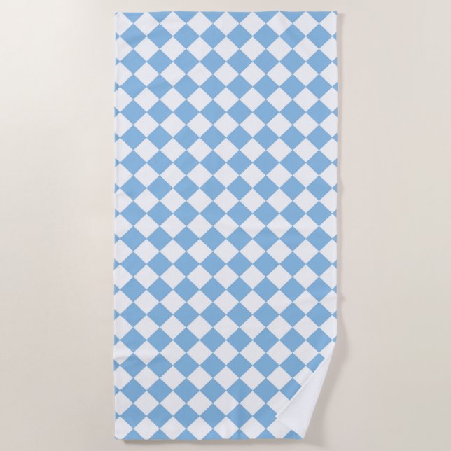 Blue White Checker Diamond Pattern Beach Towel (Front)