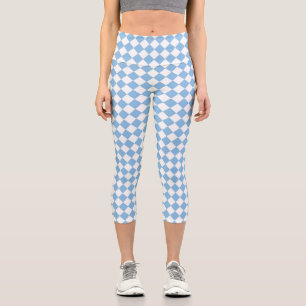 Blue White Checker Diamond Pattern Capri Leggings