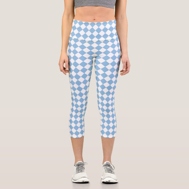 Blue White Checker Diamond Pattern Capri Leggings (Front)