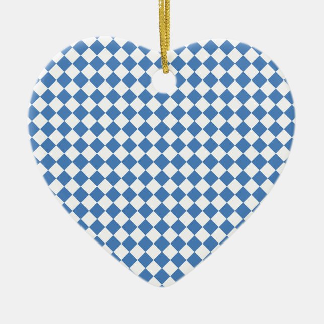 Blue White Checker Diamond Pattern Ceramic Ornament (Front)