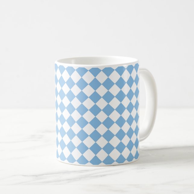 Blue White Checker Diamond Pattern Coffee Mug (Front Right)