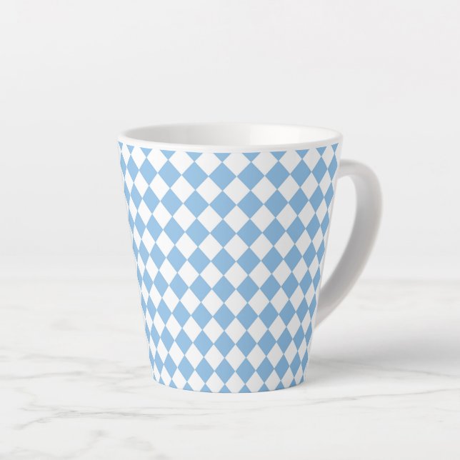 Blue White Checker Diamond Pattern Latte Mug (Right Angle)