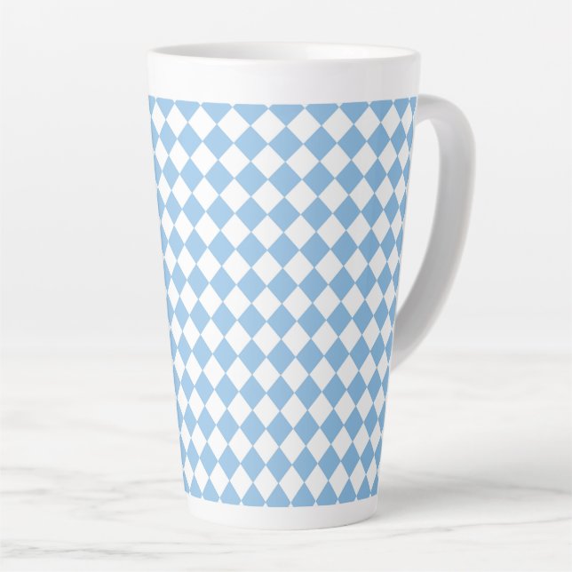 Blue White Checker Diamond Pattern Latte Mug (Right Angle)