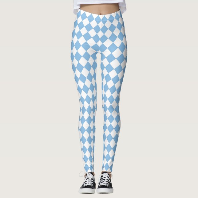 Blue White Checker Diamond Pattern Leggings (Front)