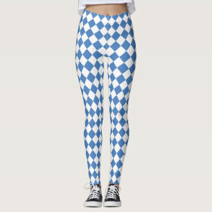 Blue White Checker Diamond Pattern Leggings