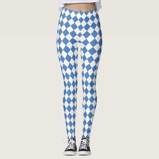 Blue White Checker Diamond Pattern Leggings (Front)