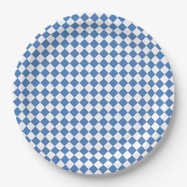 Blue White Checker Diamond Pattern Paper Plates (Front)