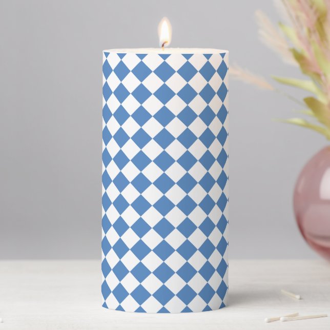 Blue White Checker Diamond Pattern Pillar Candle (In Situ)