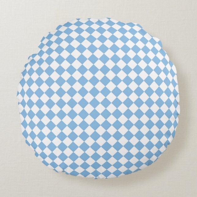 Blue White Checker Diamond Pattern Round Pillow (Front)