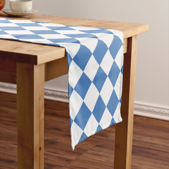 Blue White Checker Diamond Pattern Short Table Runner (In Situ)