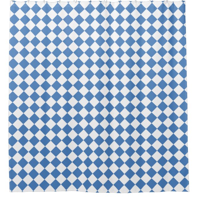 Blue White Checker Diamond Pattern Shower Curtain (Front)