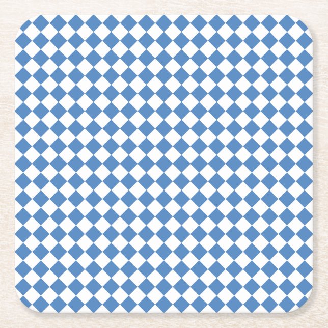 Blue White Checker Diamond Pattern Square Paper Coaster (Front)