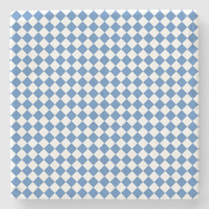 Blue White Checker Diamond Pattern Stone Coaster