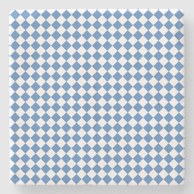 Blue White Checker Diamond Pattern Stone Coaster (Front)
