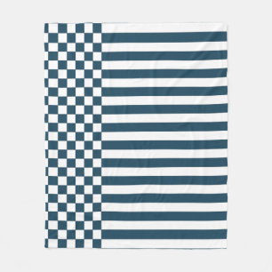 Blue & White Checker & Stripes Repeat Pattern Fleece Blanket
