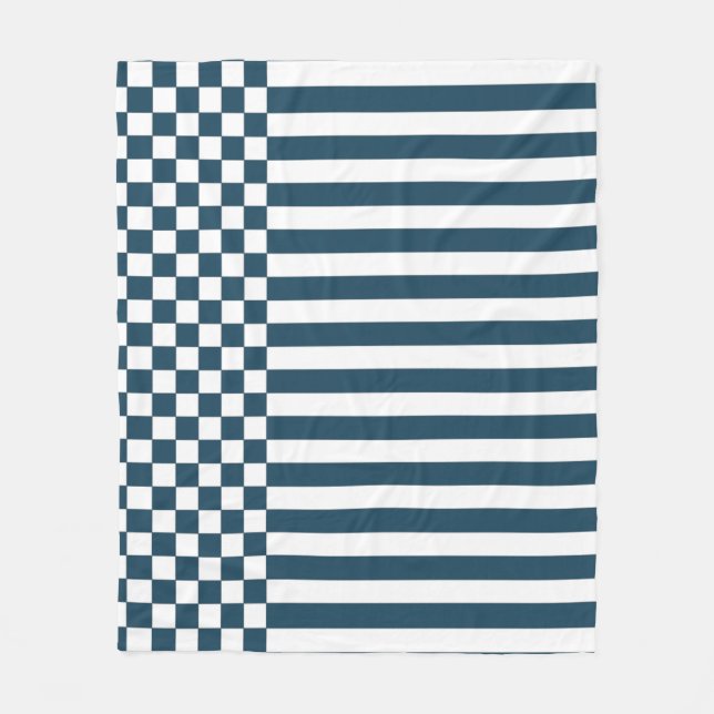 Blue & White Checker & Stripes Repeat Pattern Fleece Blanket (Front)