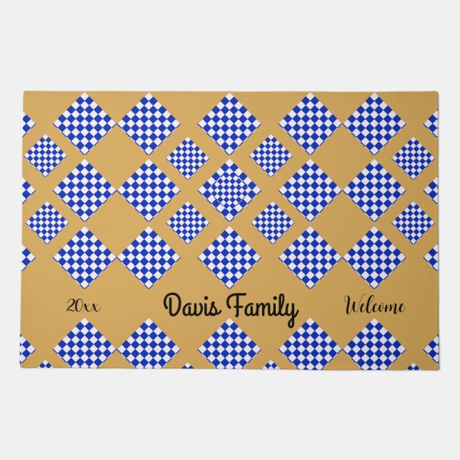 Blue White Checkered Beige  Doormat (Front)