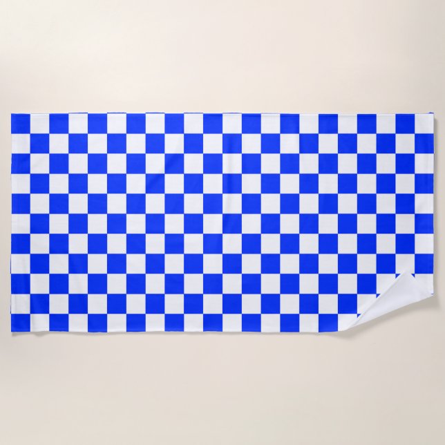 Blue White Checkered Check Pattern Beach Towel (Front)