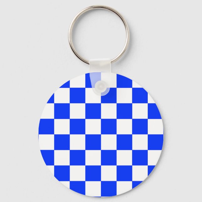 Blue White Checkered Check Pattern Keychain (Front)