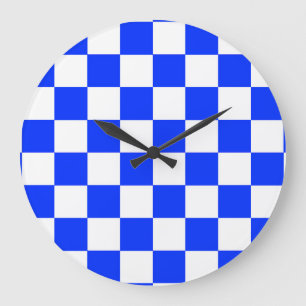 Blue White Checkered Check Pattern Large Clock