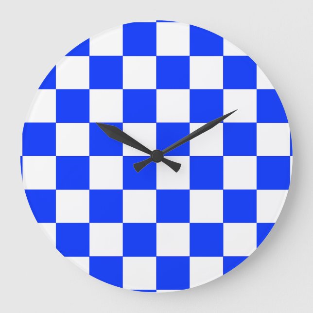 Blue White Checkered Check Pattern Large Clock (Front)