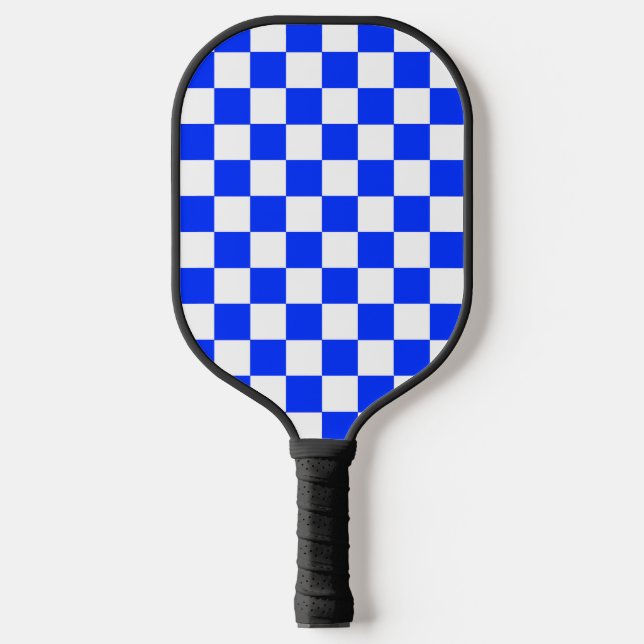 Blue White Checkered Check Pattern Pickleball Paddle (Front)