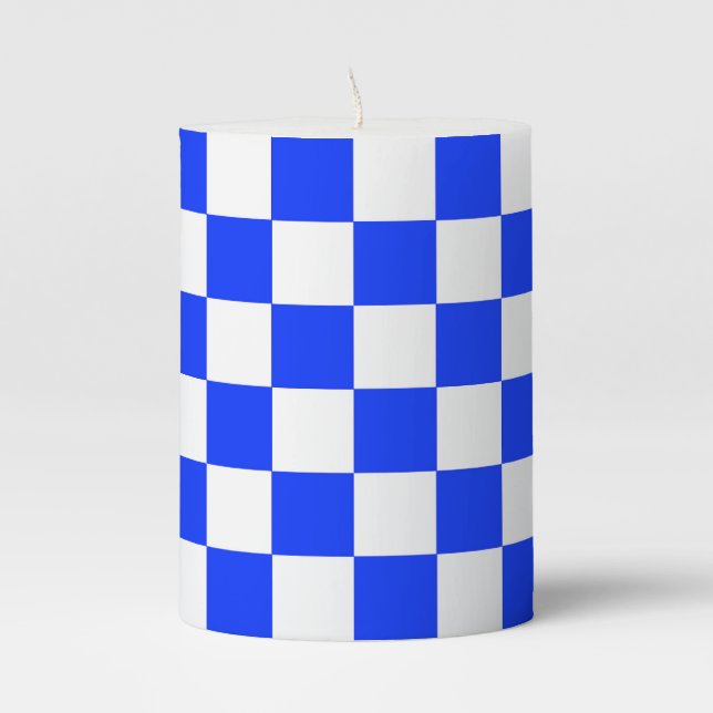 Blue White Checkered Check Pattern Pillar Candle (Front)