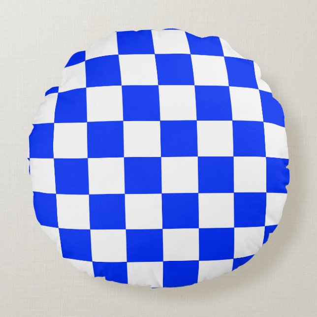 Blue White Checkered Check Pattern Round Pillow (Front)