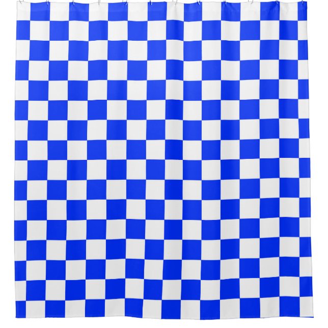 Blue White Checkered Check Pattern Shower Curtain (Front)