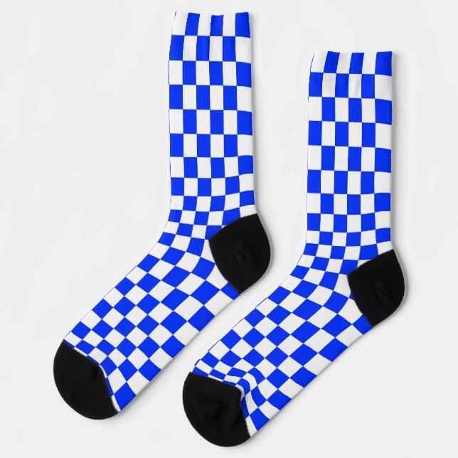 Blue White Checkered Check Pattern Socks (Left)