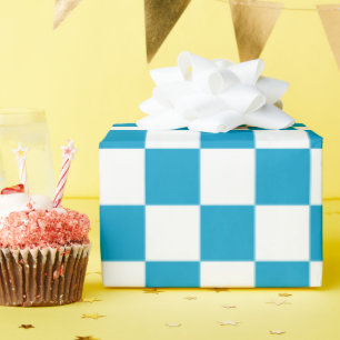 Blue White Checkered Checkerboard Pattern Wrapping Paper