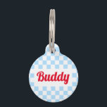 Blue White Checkered Dog Puppy Cat Name Retro Pet ID Tag<br><div class="desc">Create your own custom, personalized, bold christmas red rustic vintage western script / typography custom name at front and back, and retro cool chic stylish geometric trendy light blue checkered chequered checks checkers pattern background, , durable, 100% recycled steel, pet dog cat doggy puppy kitten kitty ID name tag. Simply...</div>