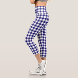 Blue White Checkered Gingham Plaid Pattern Capri Leggings