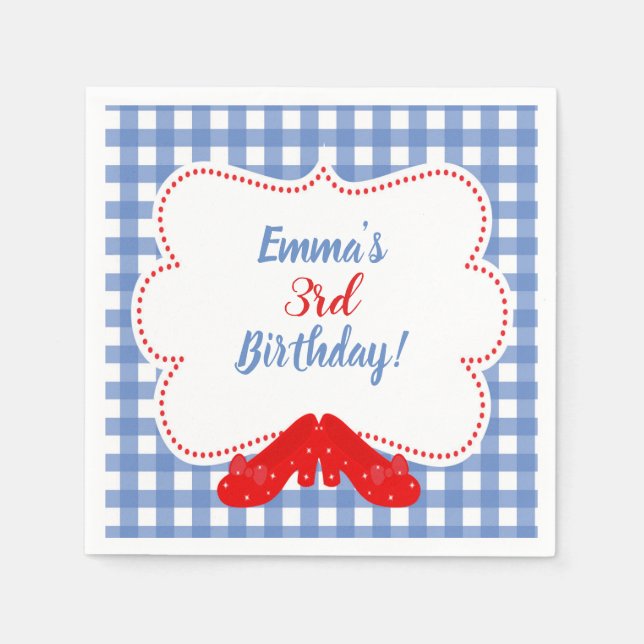 Blue & White Checkered Gingham Red Shoes OZ Party Napkins (Front)