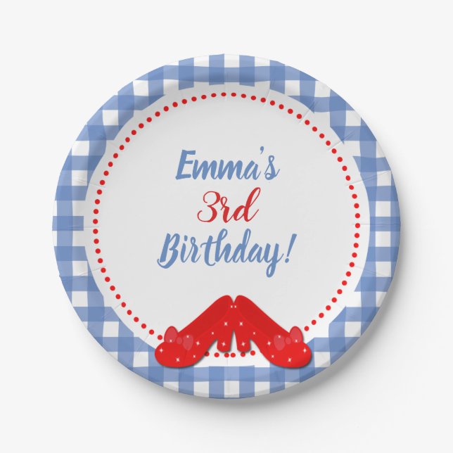 Blue & White Checkered Gingham Red Shoes OZ Party Paper Plates (Front)