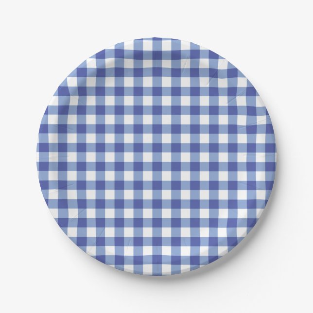 Blue & White Checkered Gingham Squares OZ Party Paper Plates (Front)