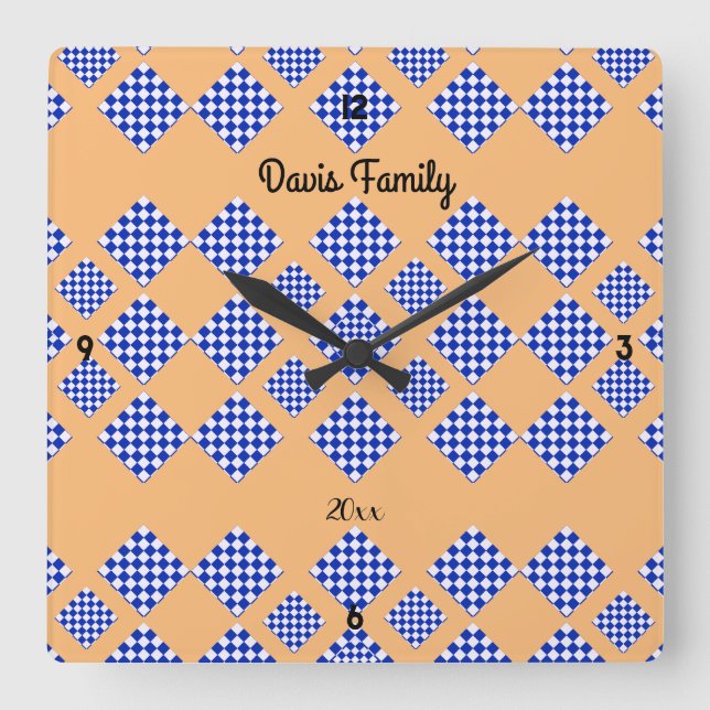 Blue White Checkered Light Beige Square Wall Clock (Front)