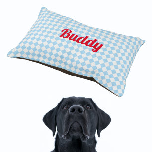 Blue White Checkered Pattern Dog Cat Puppy Name Pet Bed
