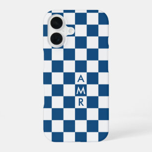 Blue White Checkered Pattern with Monogram iPhone 16 Case