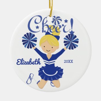 Blue & White Cheer Blonde Cheerleader Ornament by celebrateitornaments at Zazzle