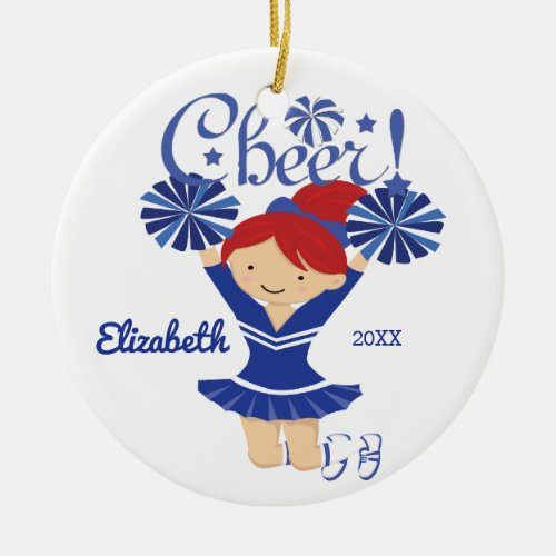 Blue  White Cheer Red Hair Cheerleader Ornament